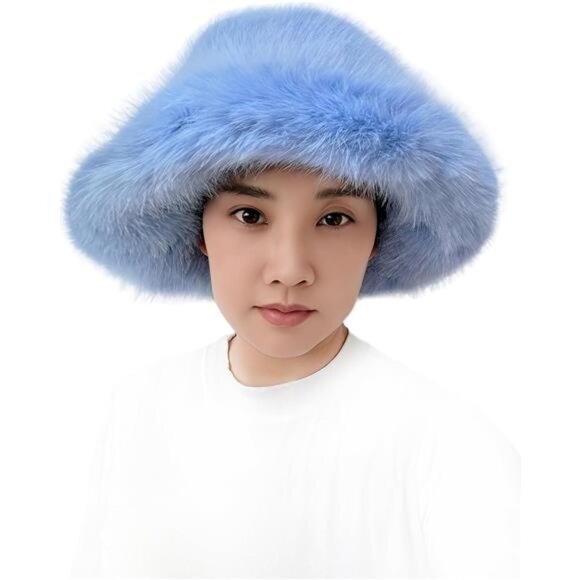 Oversized Winter Faux Fur Bucket Hat for Women Light Blue - Picture 1 of 5